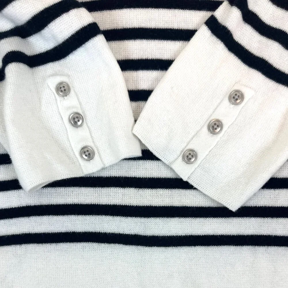 Talbots white collared polo sweater black stripes button cuffs nautical preppy M - Picture 4 of 10